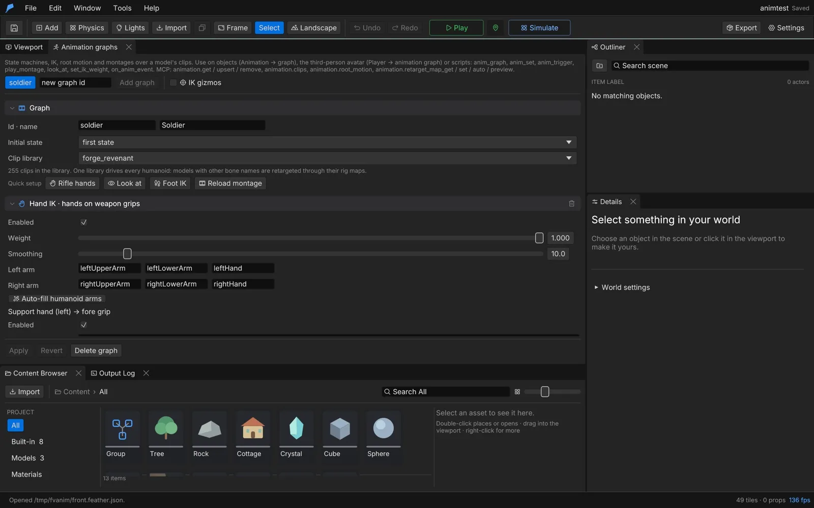 The Animation graphs panel with Quick setup and the Hand IK section
