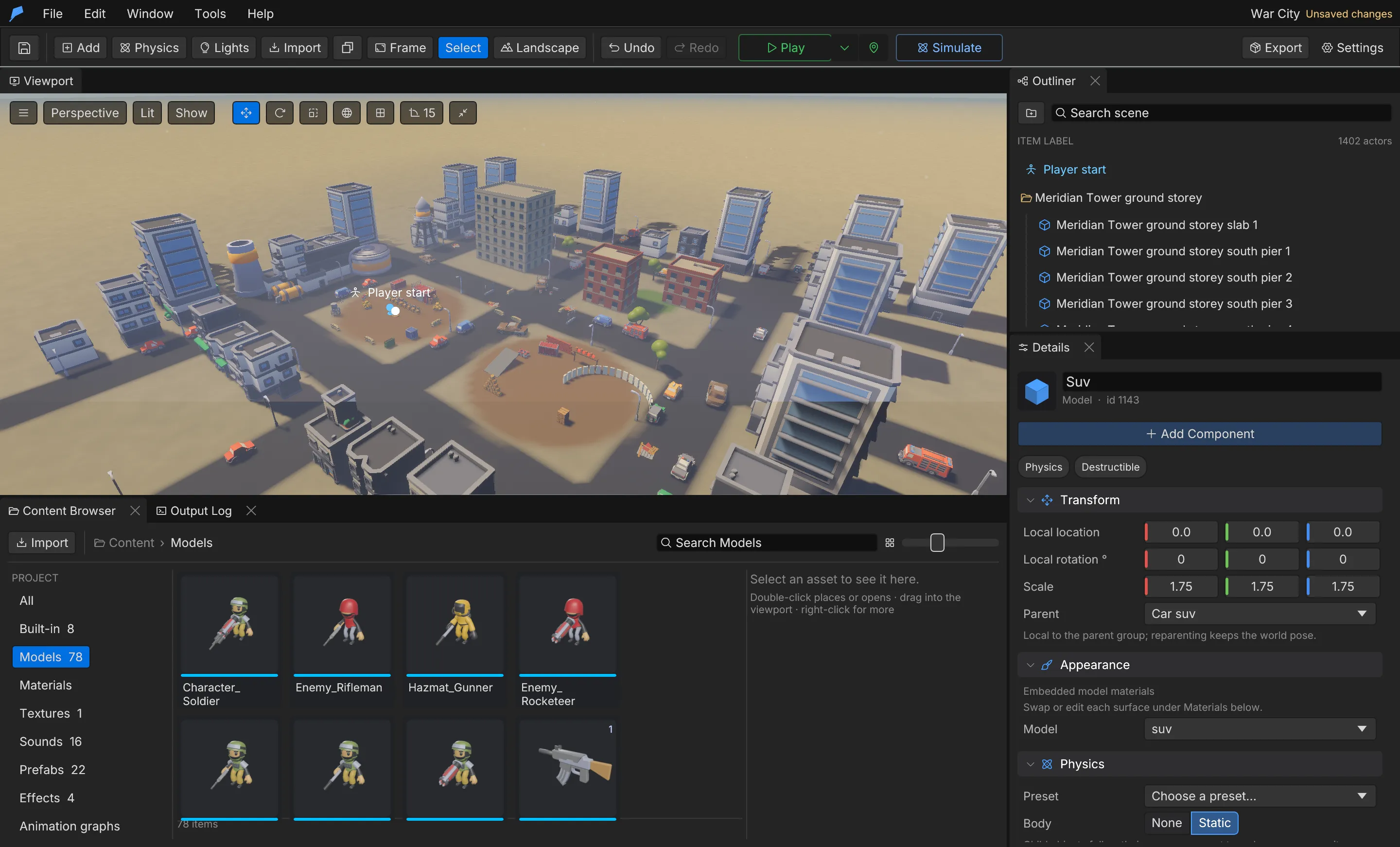 The Content Browser with the Models source selected, showing model thumbnails and a selected SUV in the Details panel