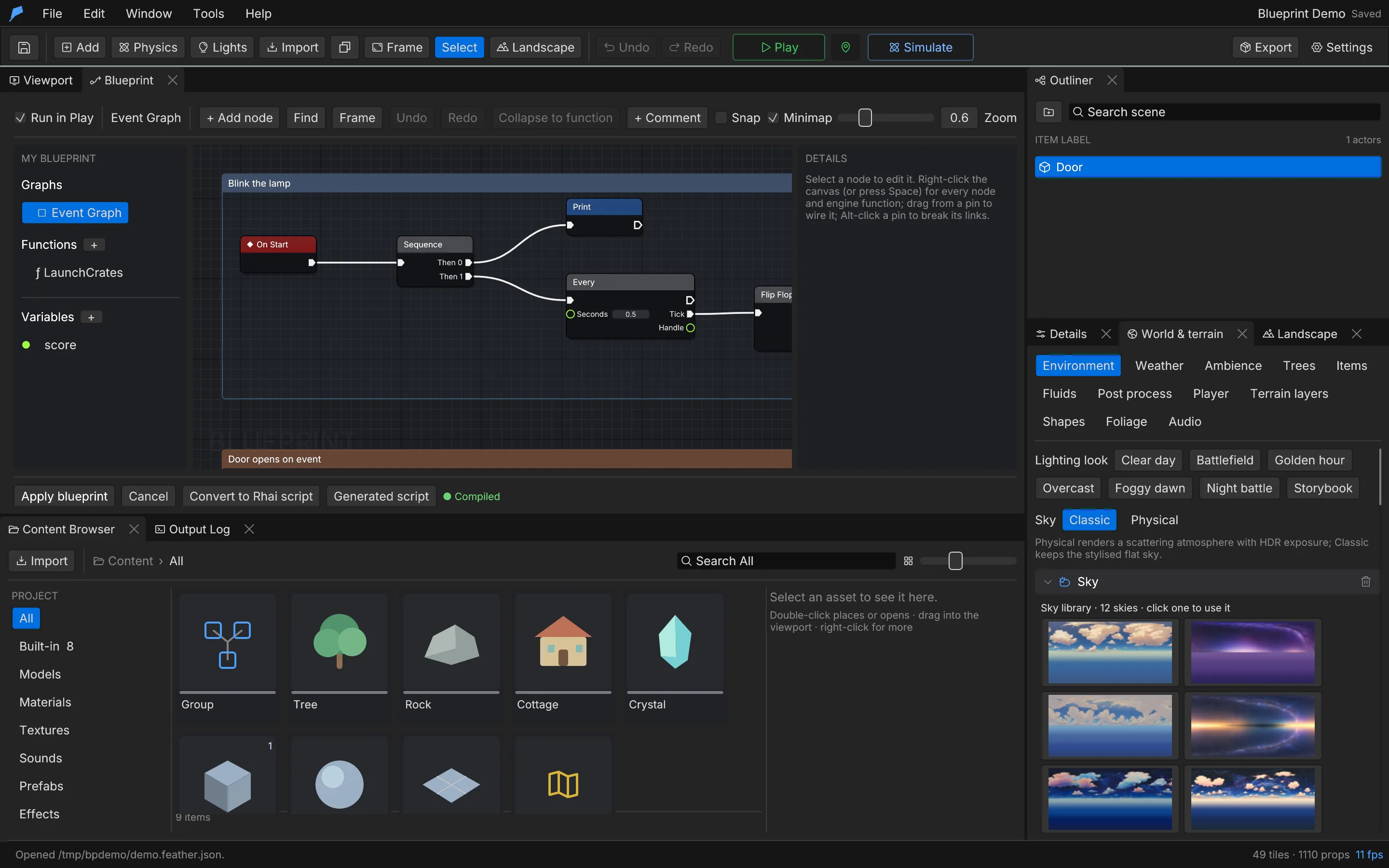 The Blueprint editor with an event graph, a function and comment boxes