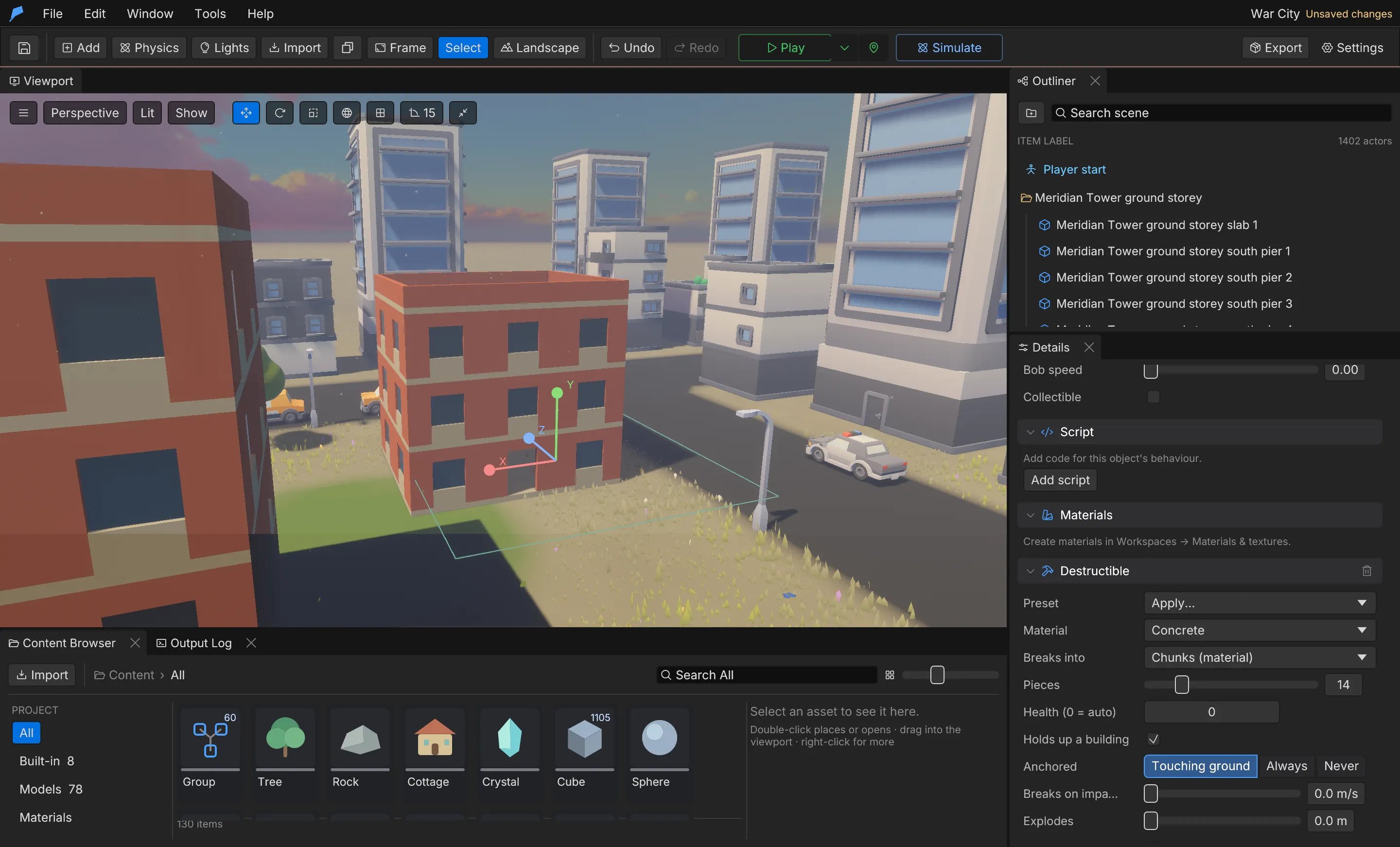 A breakable building selected, with its Destructible component settings shown in Details