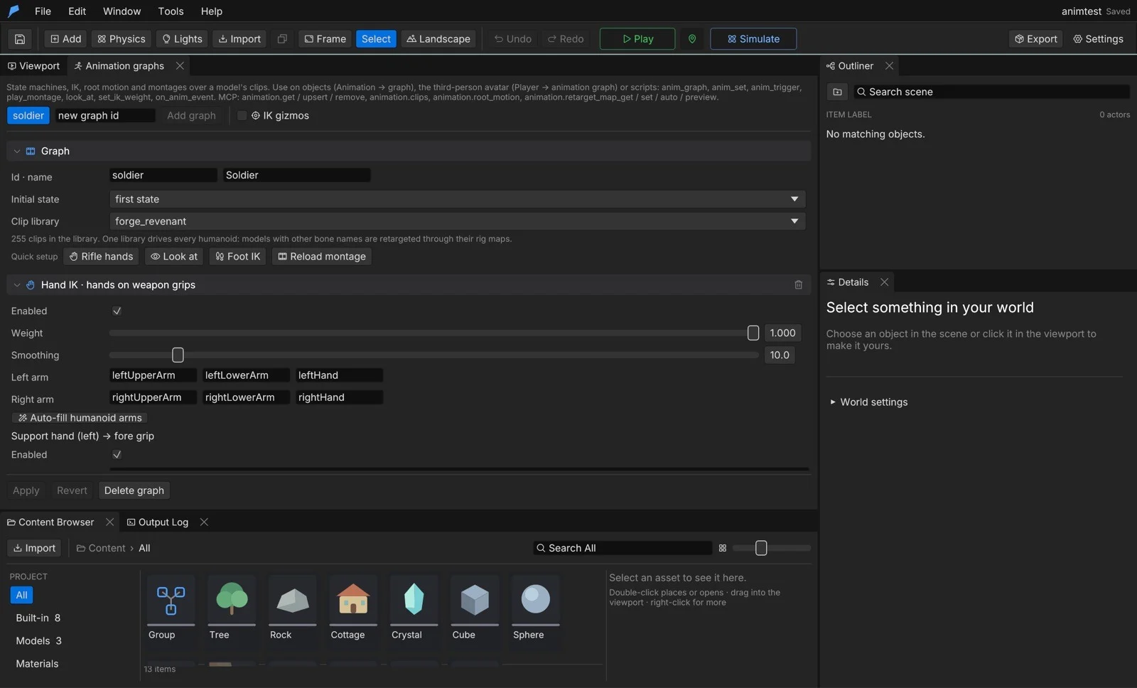 The Feather 2 animation graph editor with hand IK settings for a rifle-holding soldier.