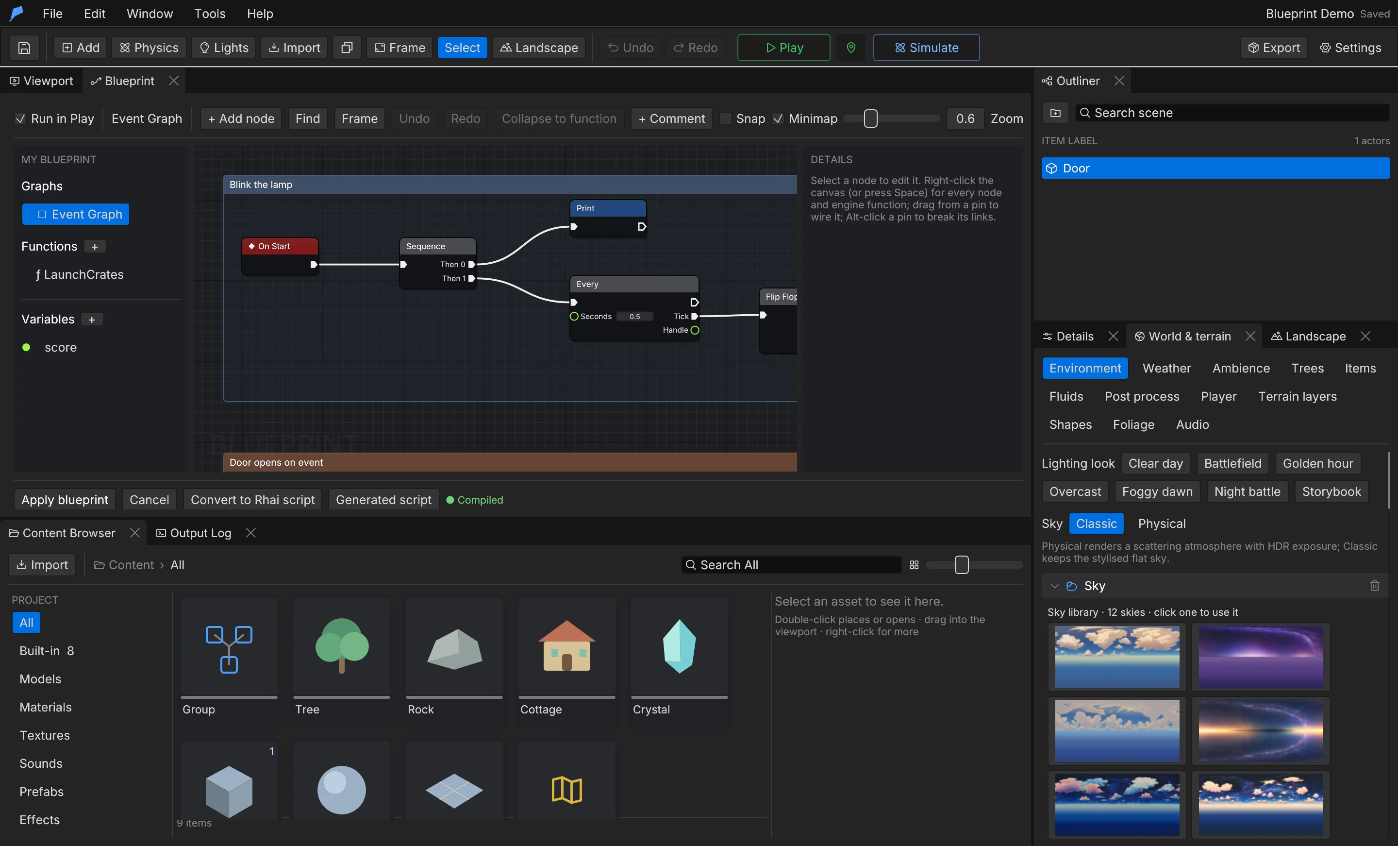 The Feather 2 Blueprint editor with an event graph that blinks a lamp and opens a door, next to the world and sky settings.
