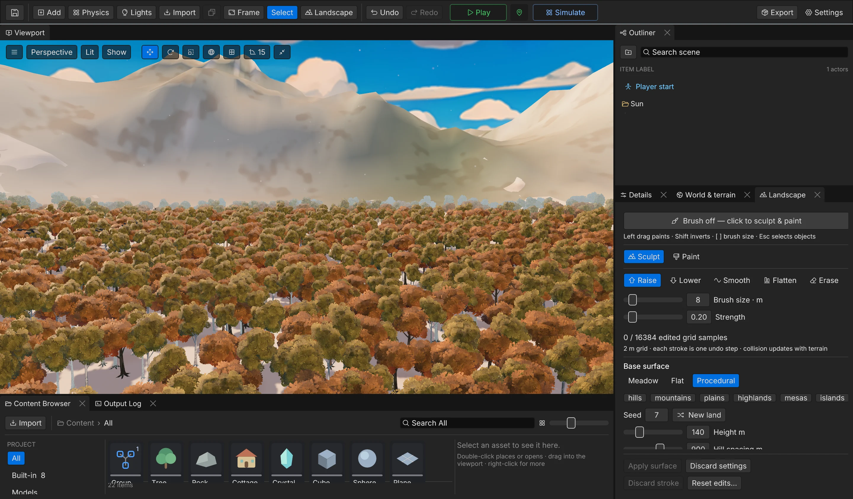 The Feather 2 editor with a generated autumn valley in the viewport and the Landscape panel showing sculpt tools and procedural terrain presets.