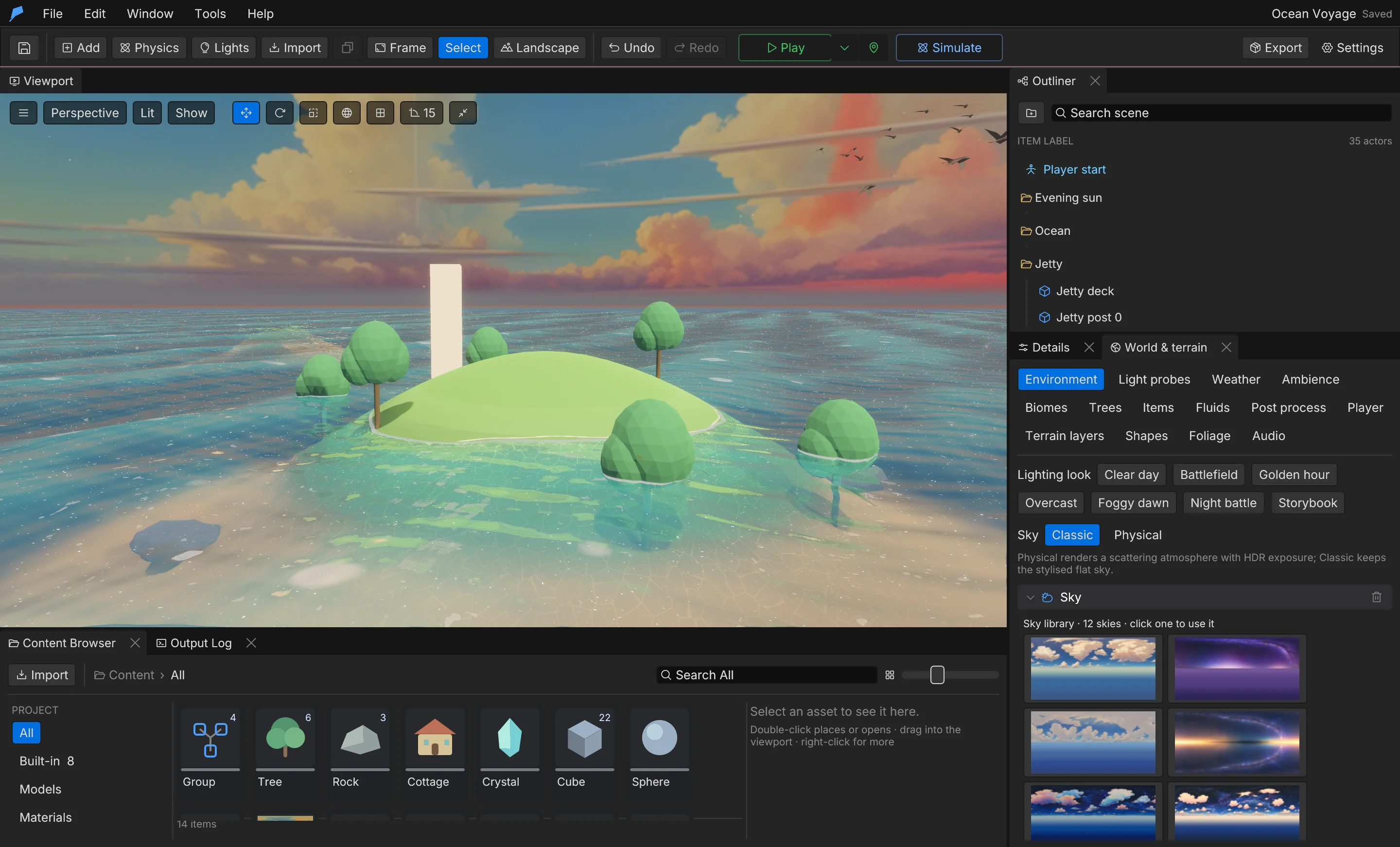 The Feather 2 editor with the Ocean Voyage example at sunset: an island in stylised water, the Outliner, the World and terrain panel with lighting presets and the sky library, and the Content Browser.
