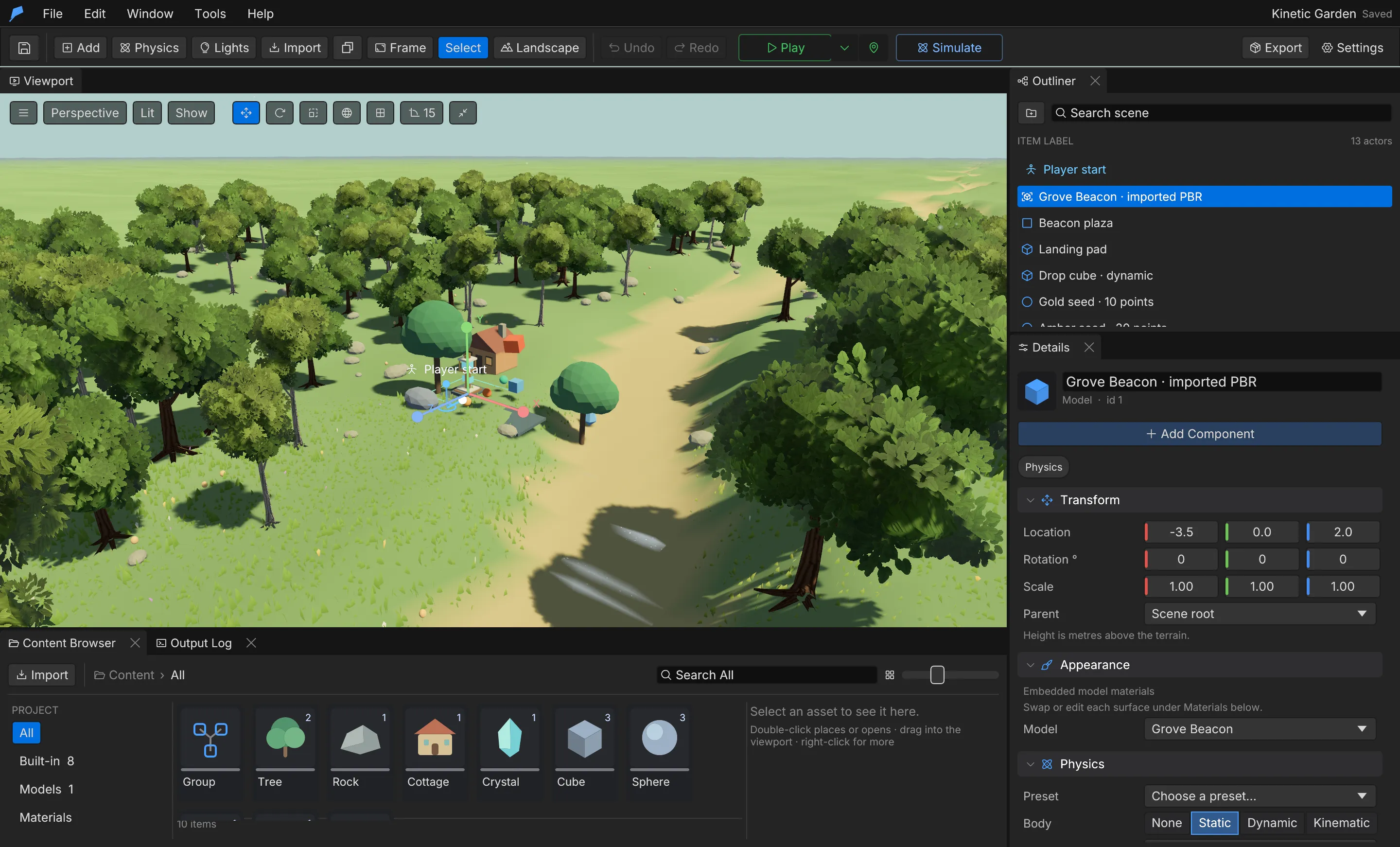 The Feather 2 editor: the viewport with the Outliner, Details, Content Browser and Output Log docked around it