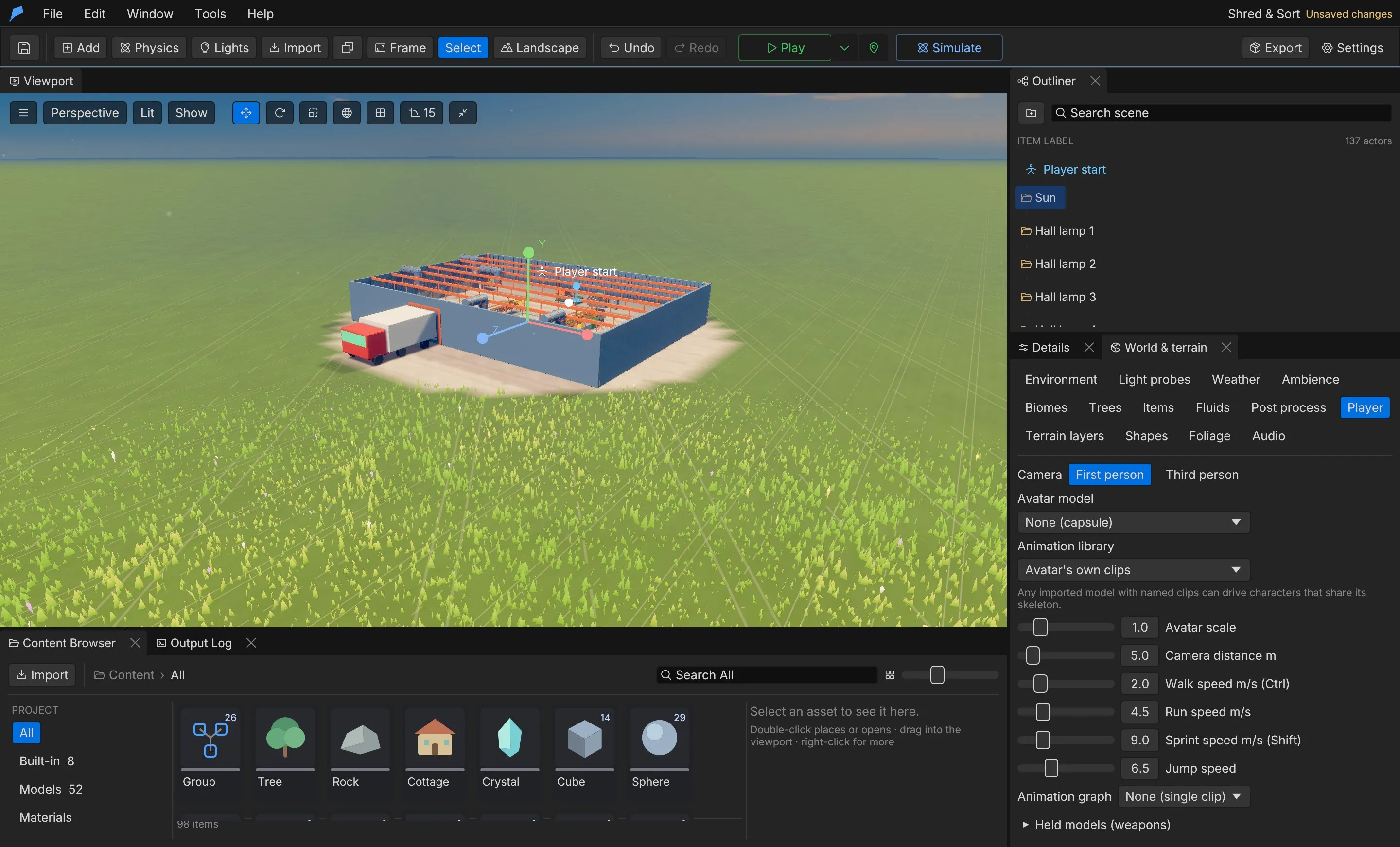 The Player tab of World & terrain, with the camera mode, avatar model, animation library and movement speeds