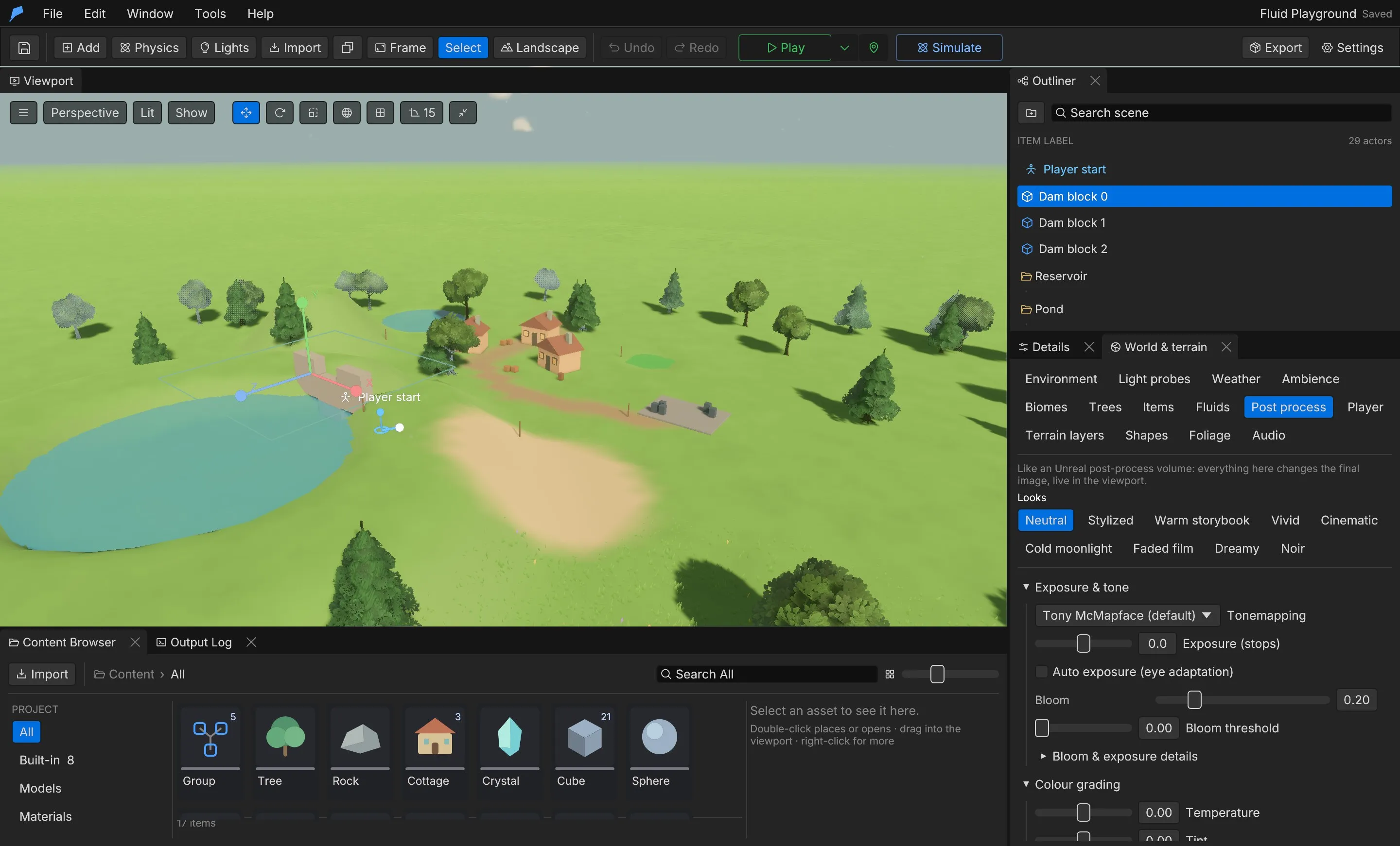 The Post process tab of World & terrain, with the Looks row and the Exposure & tone and Colour grading sections
