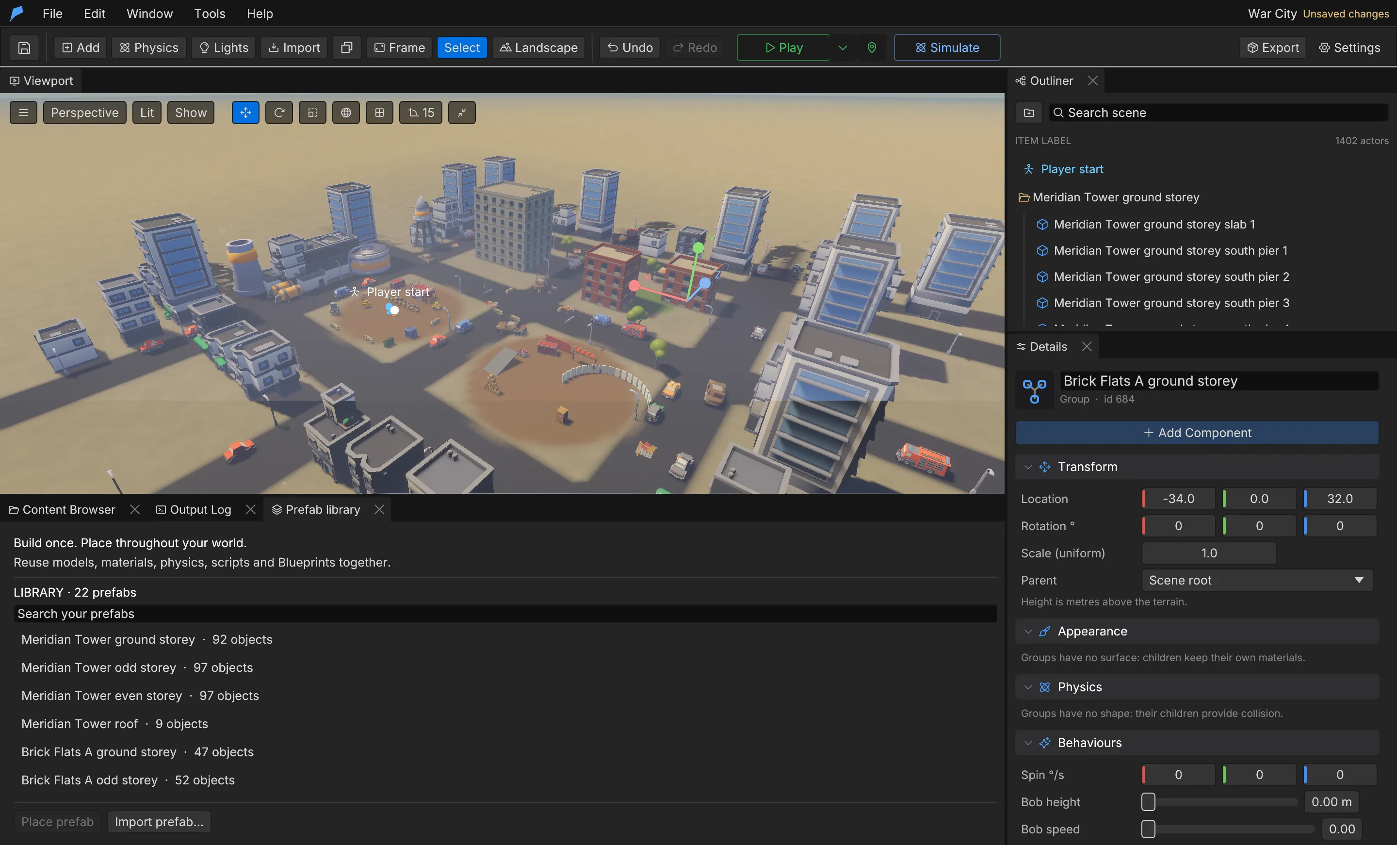 The Prefab library listing captured prefabs, with the Place prefab and Import prefab buttons