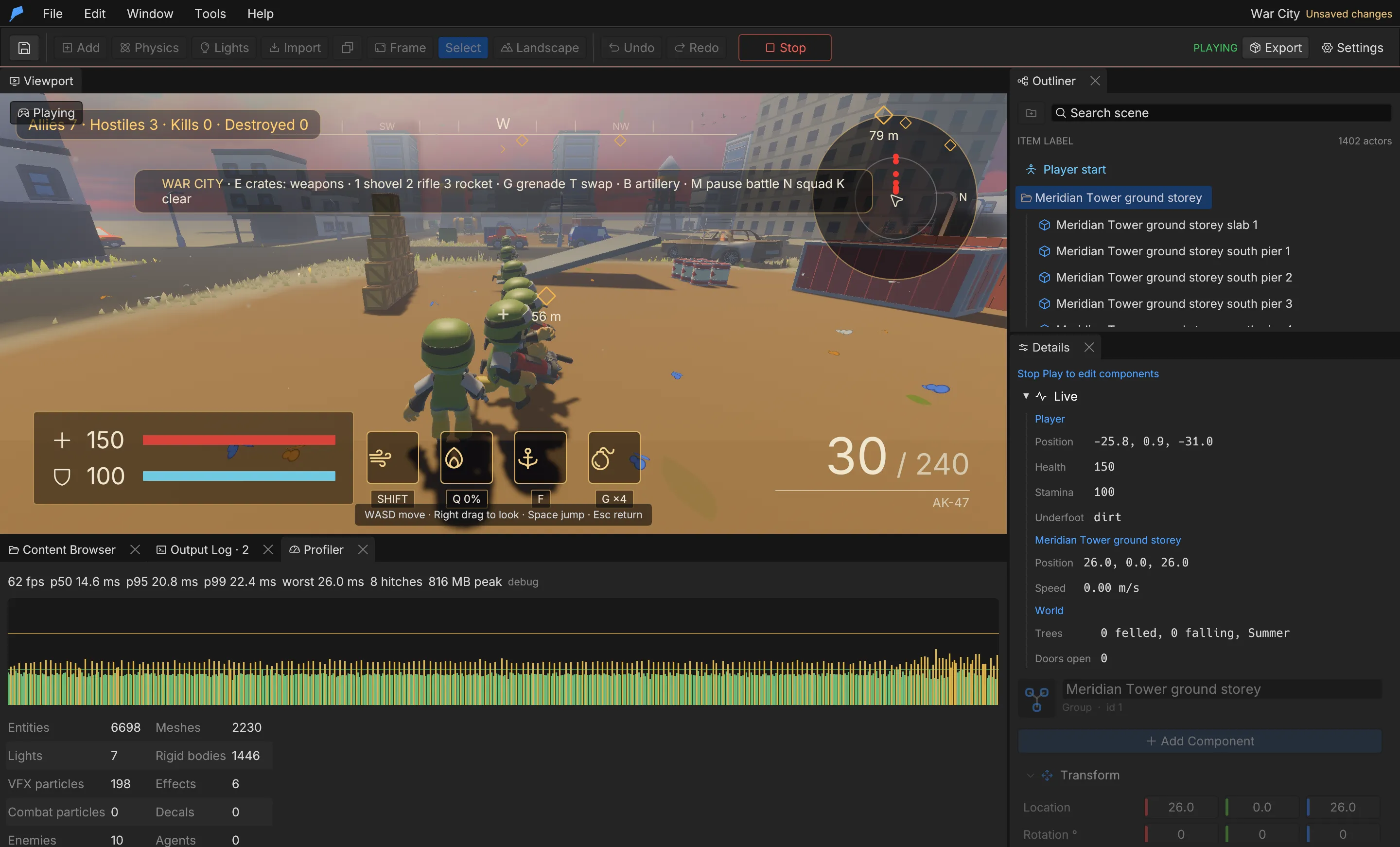 The Profiler panel during Play, showing frame times, hitches, peak memory and scene counts