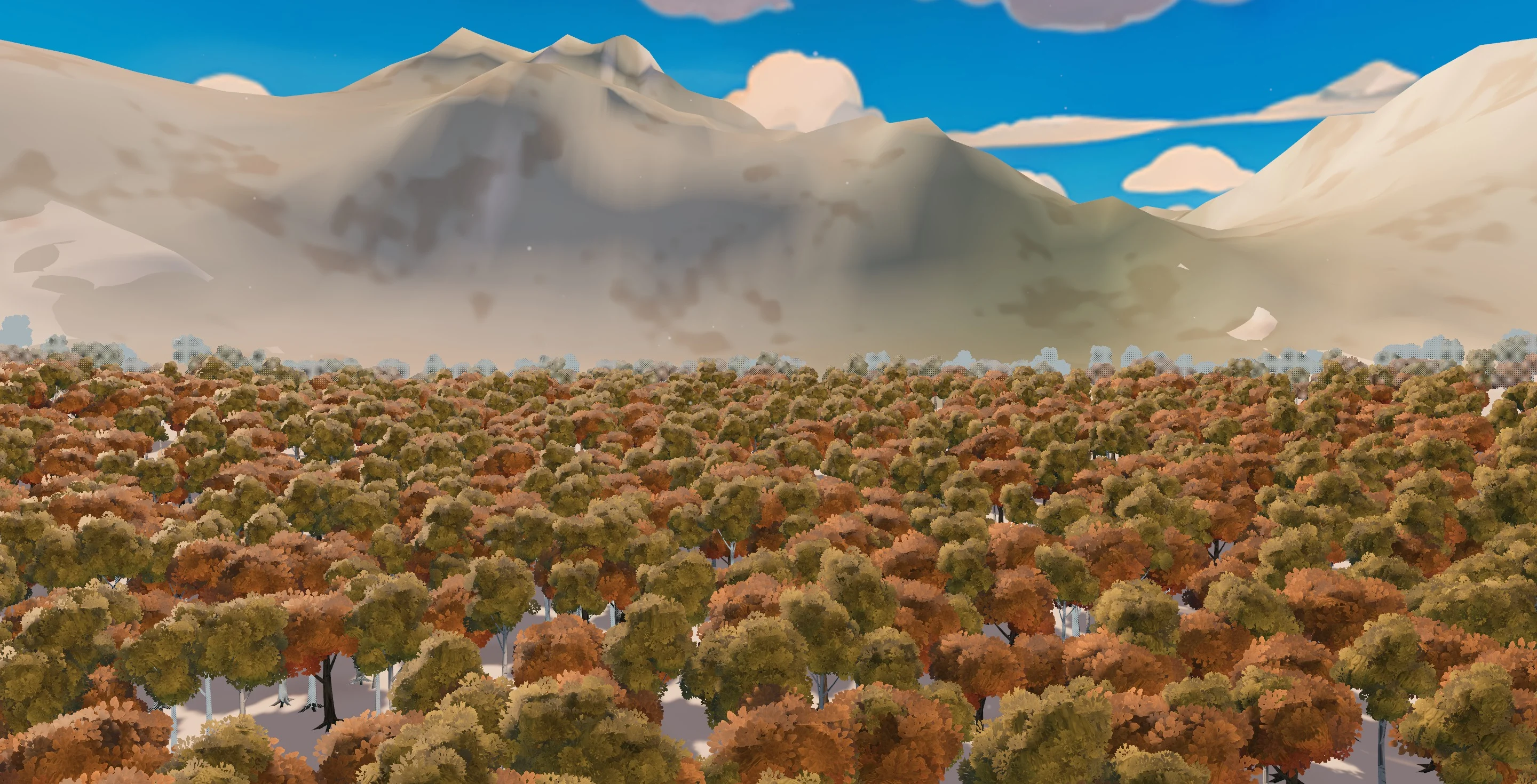 A procedurally generated highland valley with an autumn forest, rendered in Feather 2.