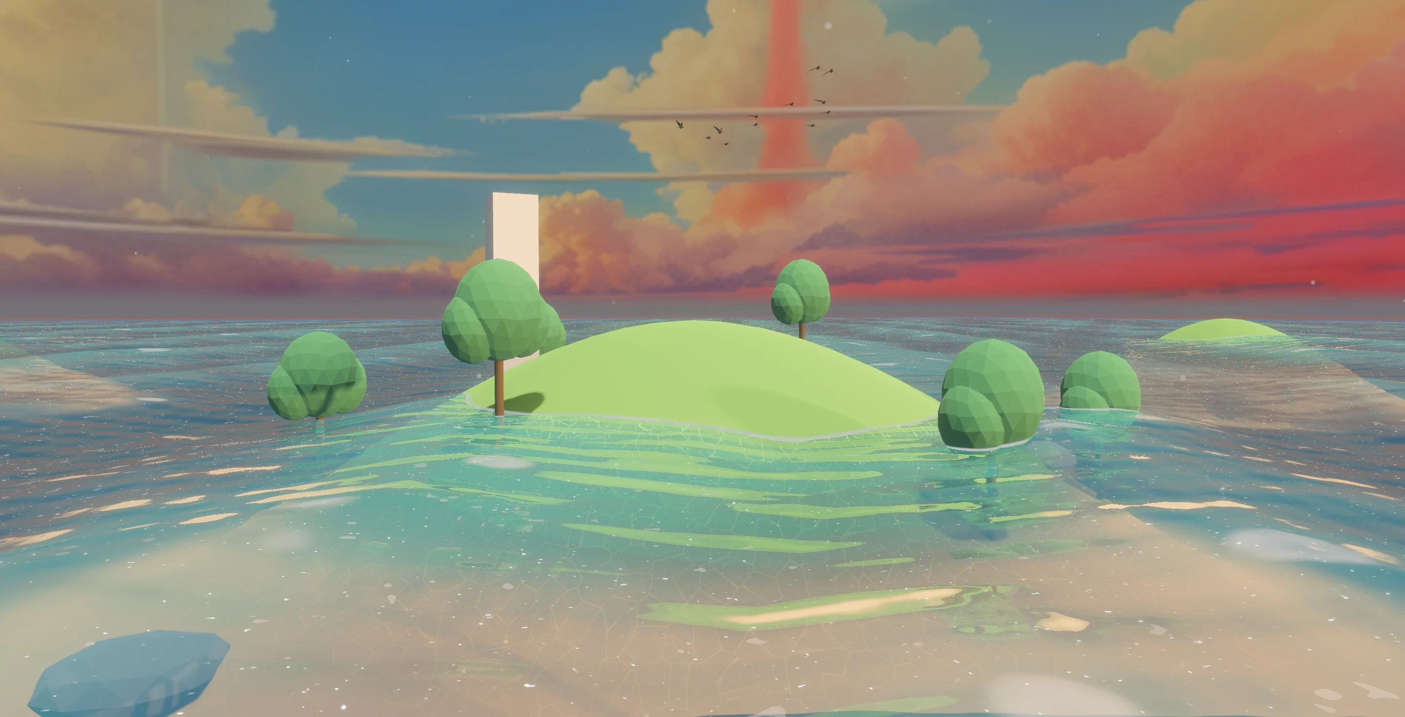 Ocean Voyage in Feather 2: a small island with a lighthouse in stylised water under a sunset sky.