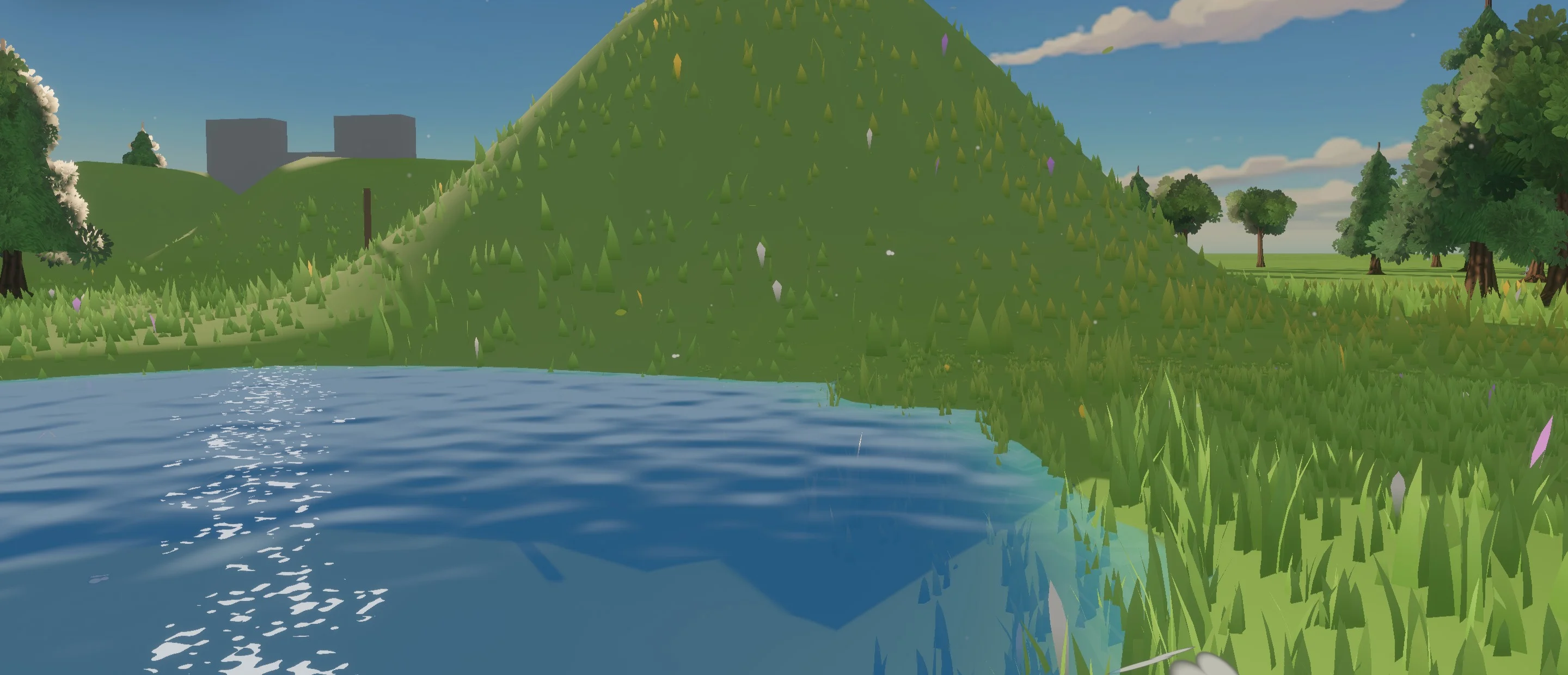 A pond beside a grassy hill, with wind-blown grass and trees, rendered in Feather 2.