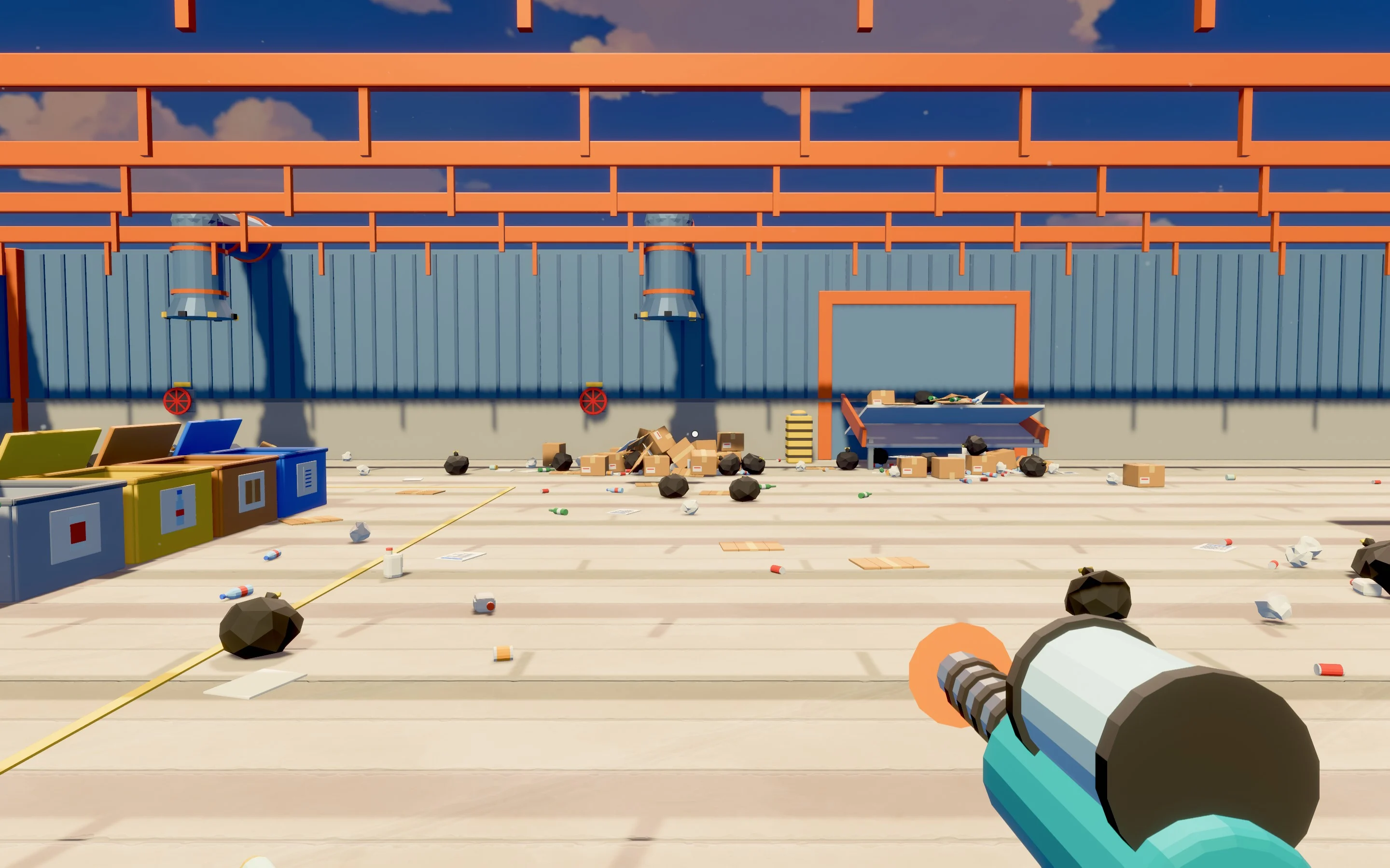 Shred & Sort in Feather 2: a recycling depot floor scattered with trash bags, boxes and bottles, colour-coded bins and a hand-held vacuum tool.