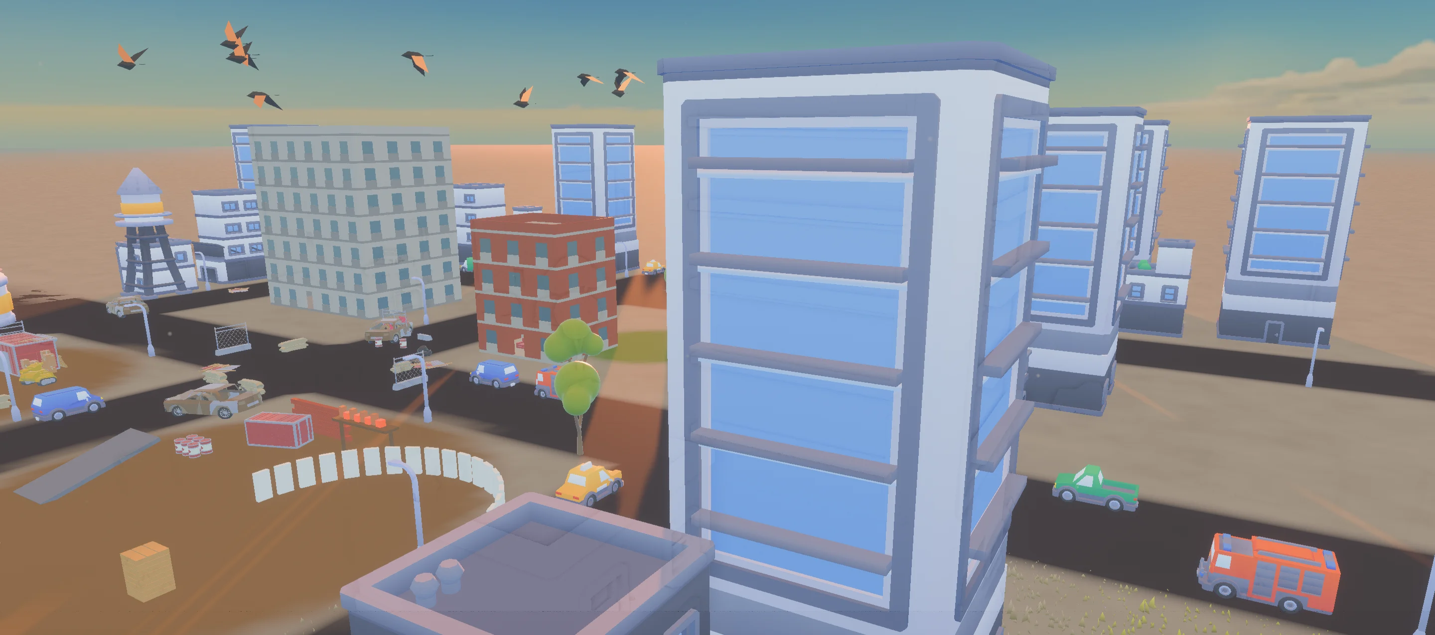 War City in Feather 2: a stylised city with towers, roads and vehicles at sunset.