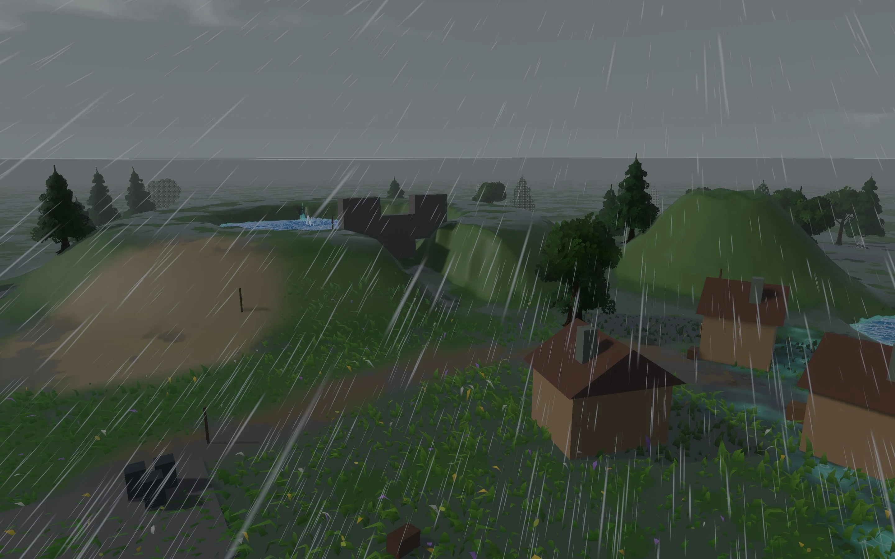 A thunderstorm over Fluid Playground in Feather 2: heavy rain over grassy hills, a reservoir and cottages.