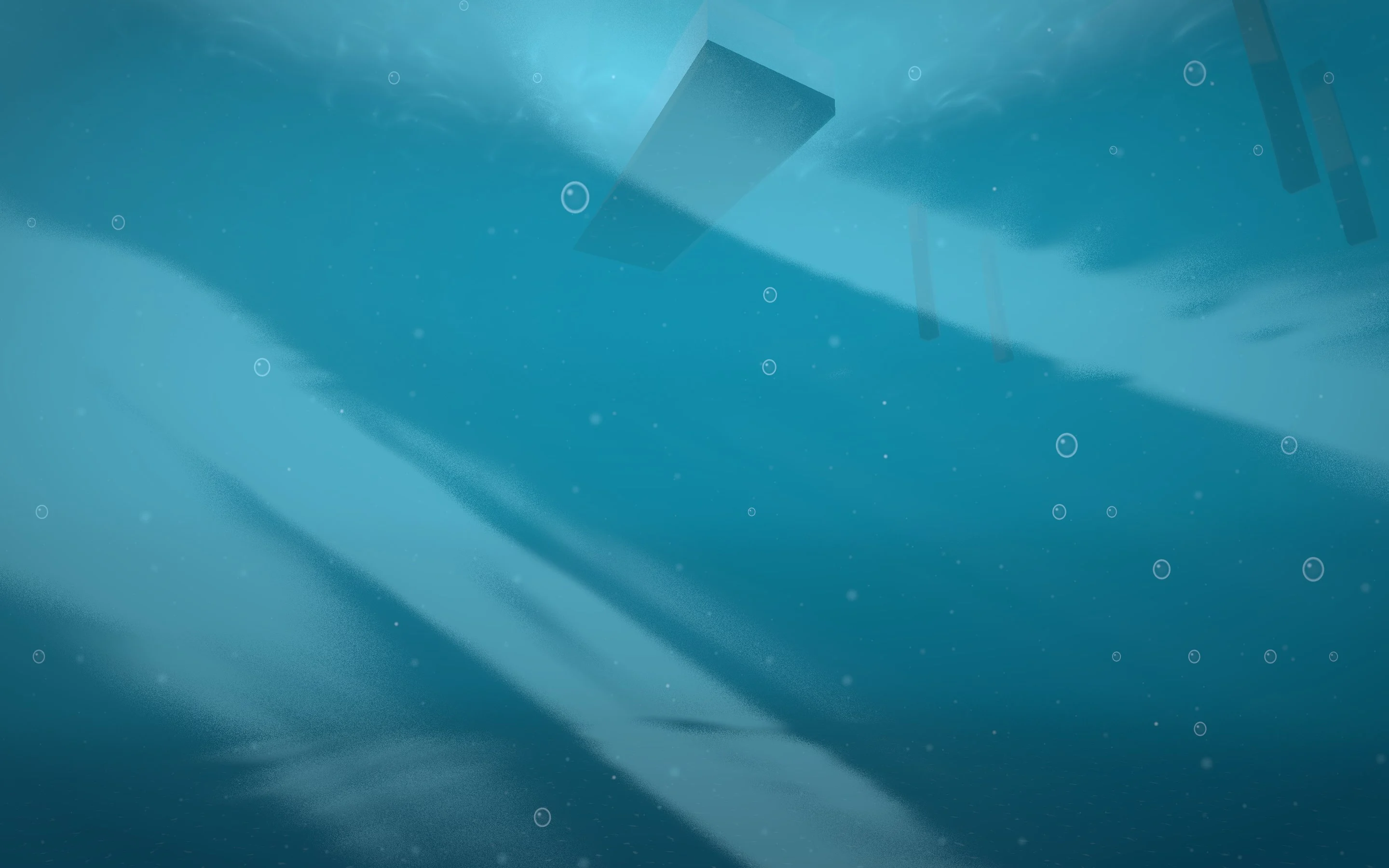 Underwater at Ocean Voyage in Feather 2: light shafts through the surface, a boat hull and jetty posts above.