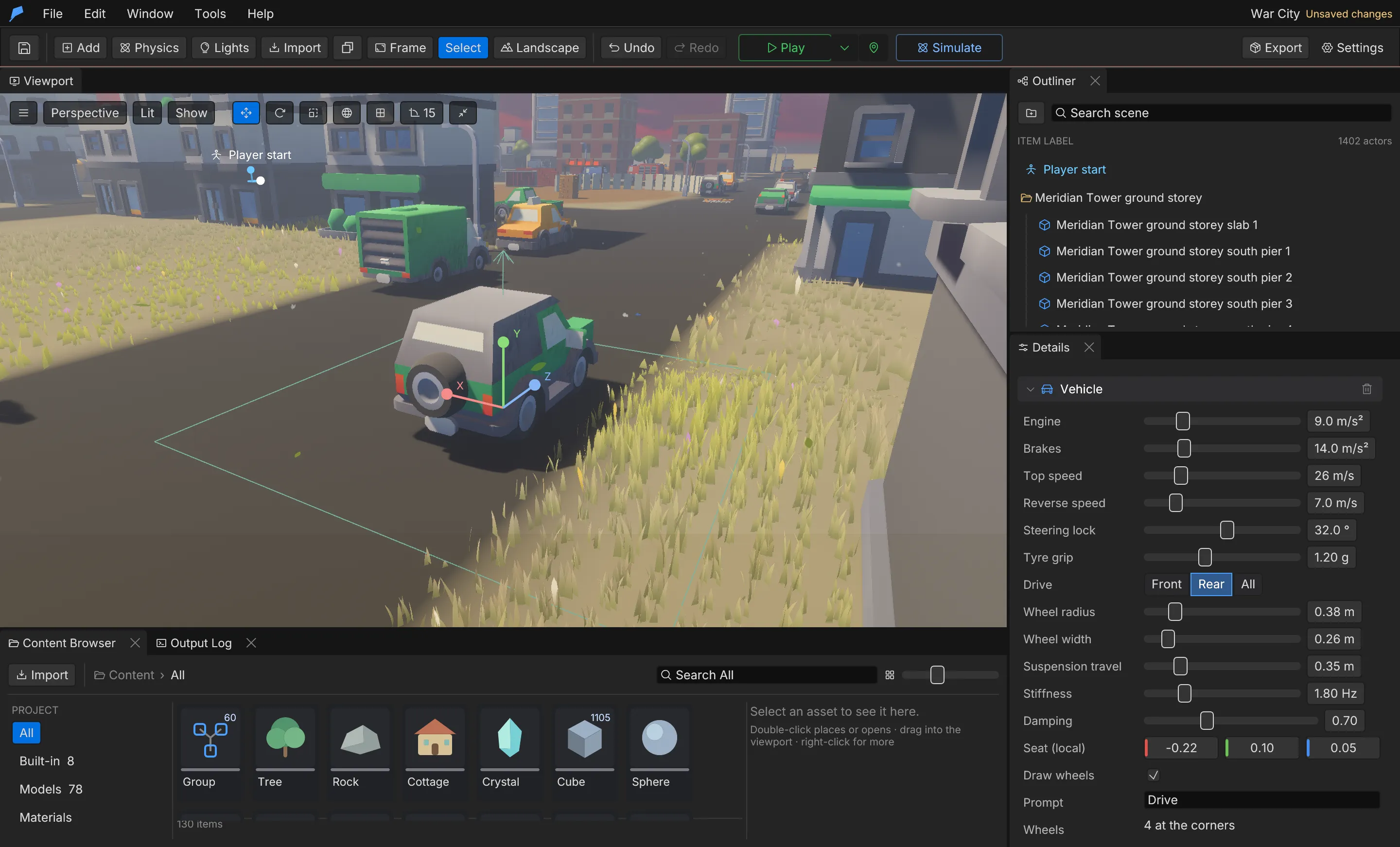 The Vehicle component in Details, with engine, brake, tyre and wheel settings