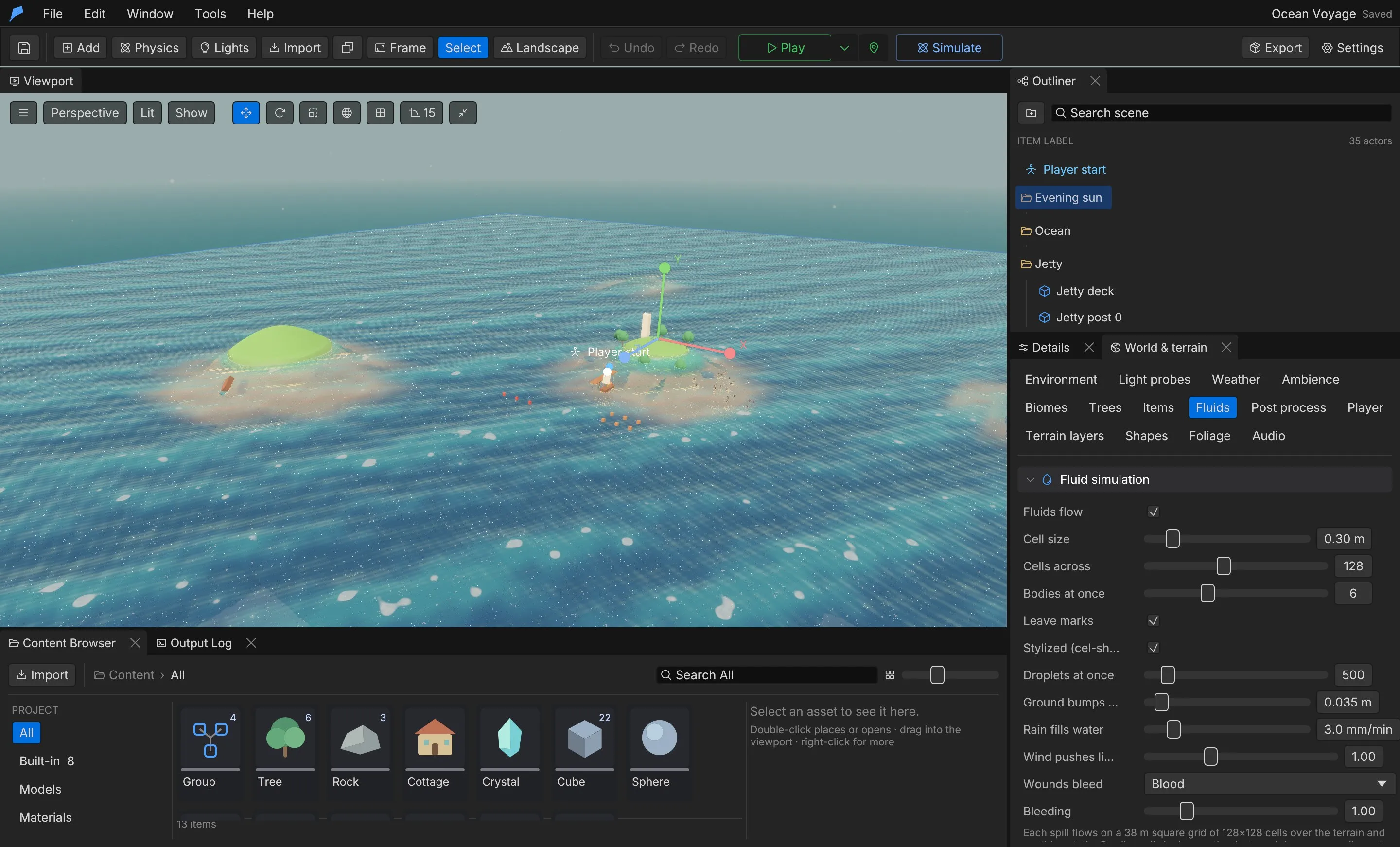 The Fluids tab of World & terrain, showing the Fluid simulation settings next to the Ocean Voyage island