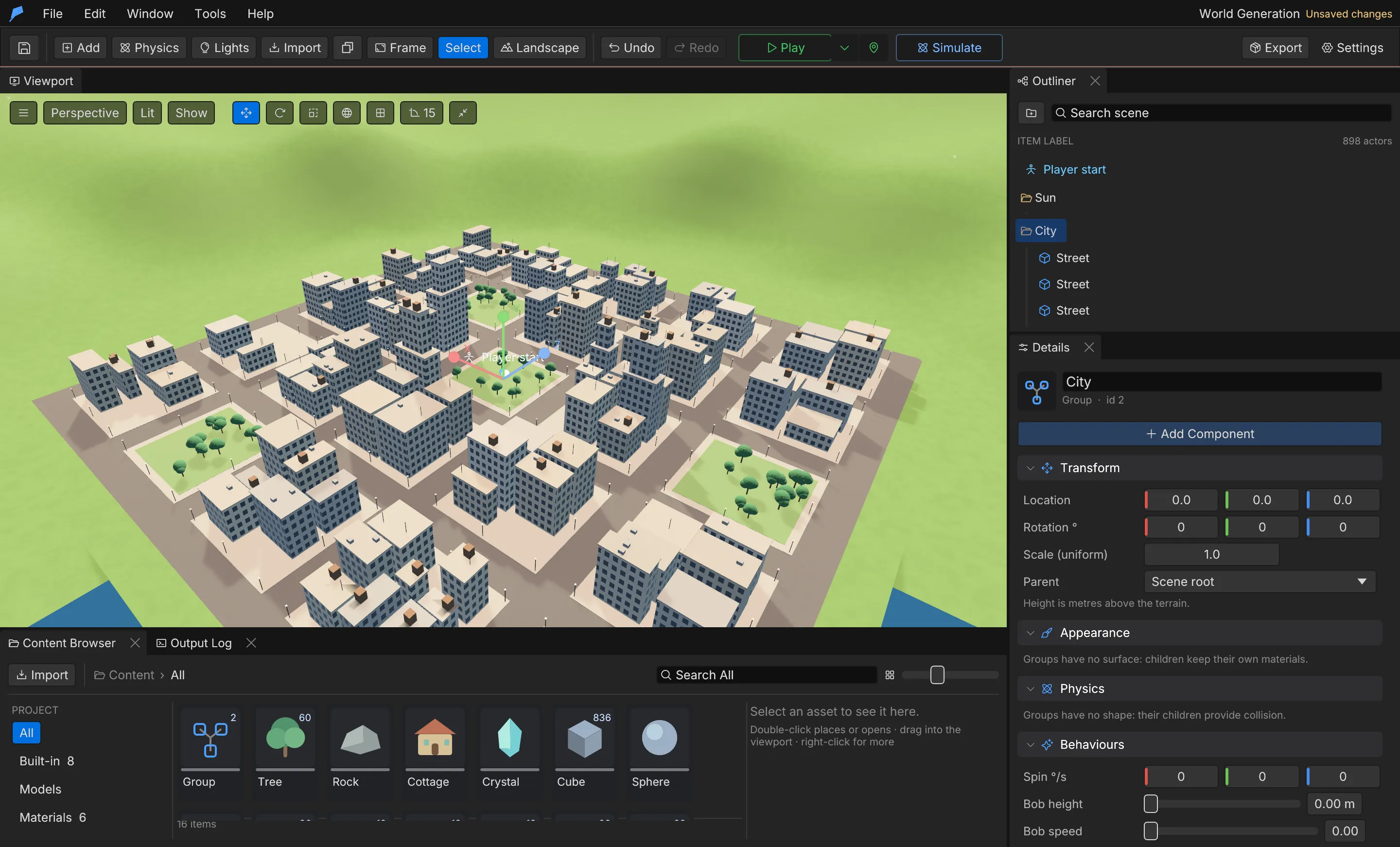A generated city of blocks, streets and parks, selected as one City group