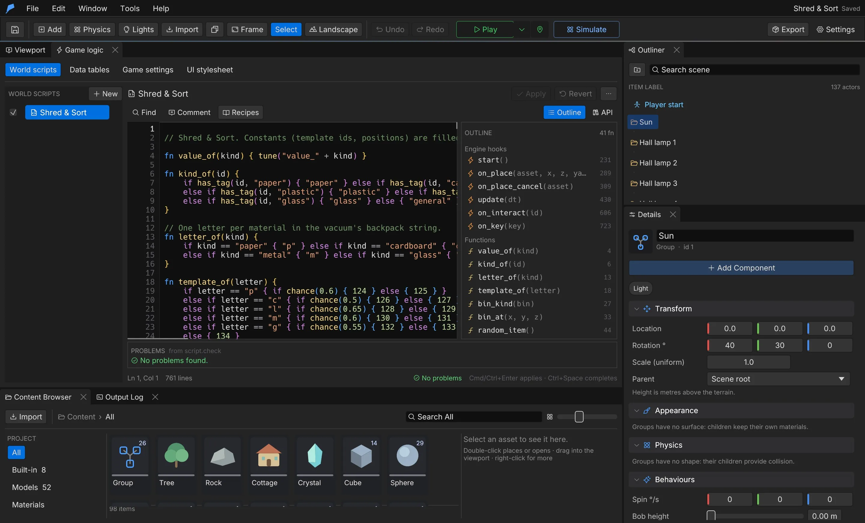 The Game logic window on the World scripts tab, with the Shred & Sort script, its outline of hooks and functions, and no problems found