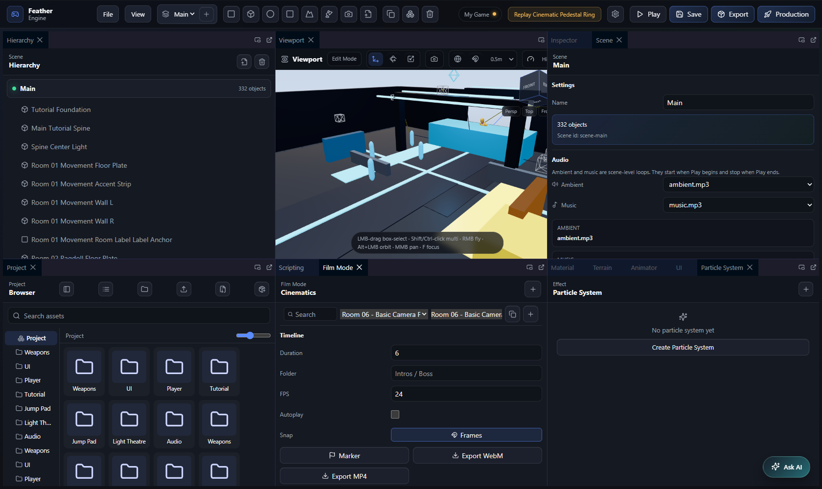 Feather Engine editor with a 3D tutorial world, hierarchy, inspector, asset browser, and creative panels.