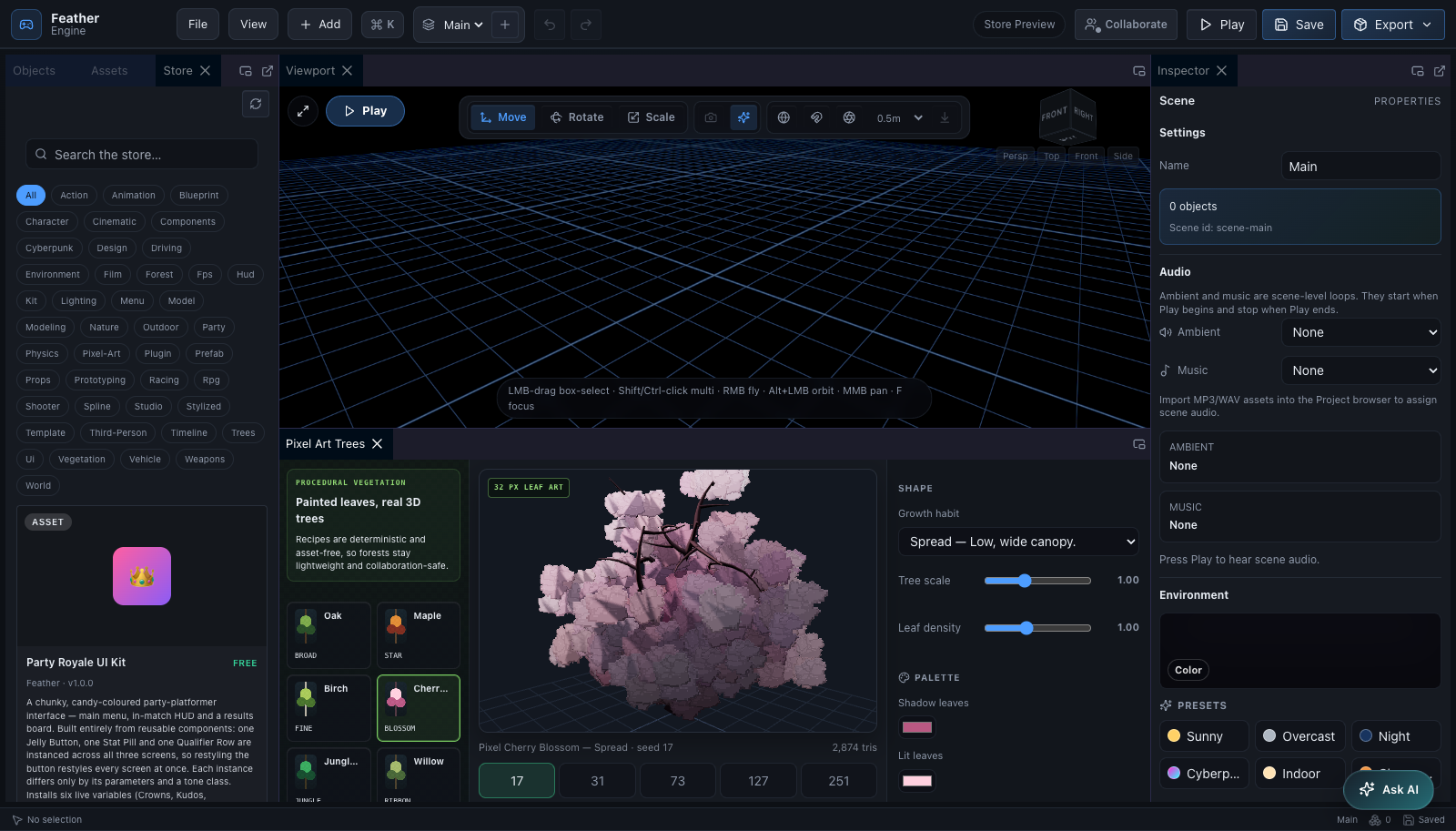 A real Feather Engine session with the Pixel Art Trees species browser, live cherry blossom preview, growth habit, seed, scale, density, and palette controls.