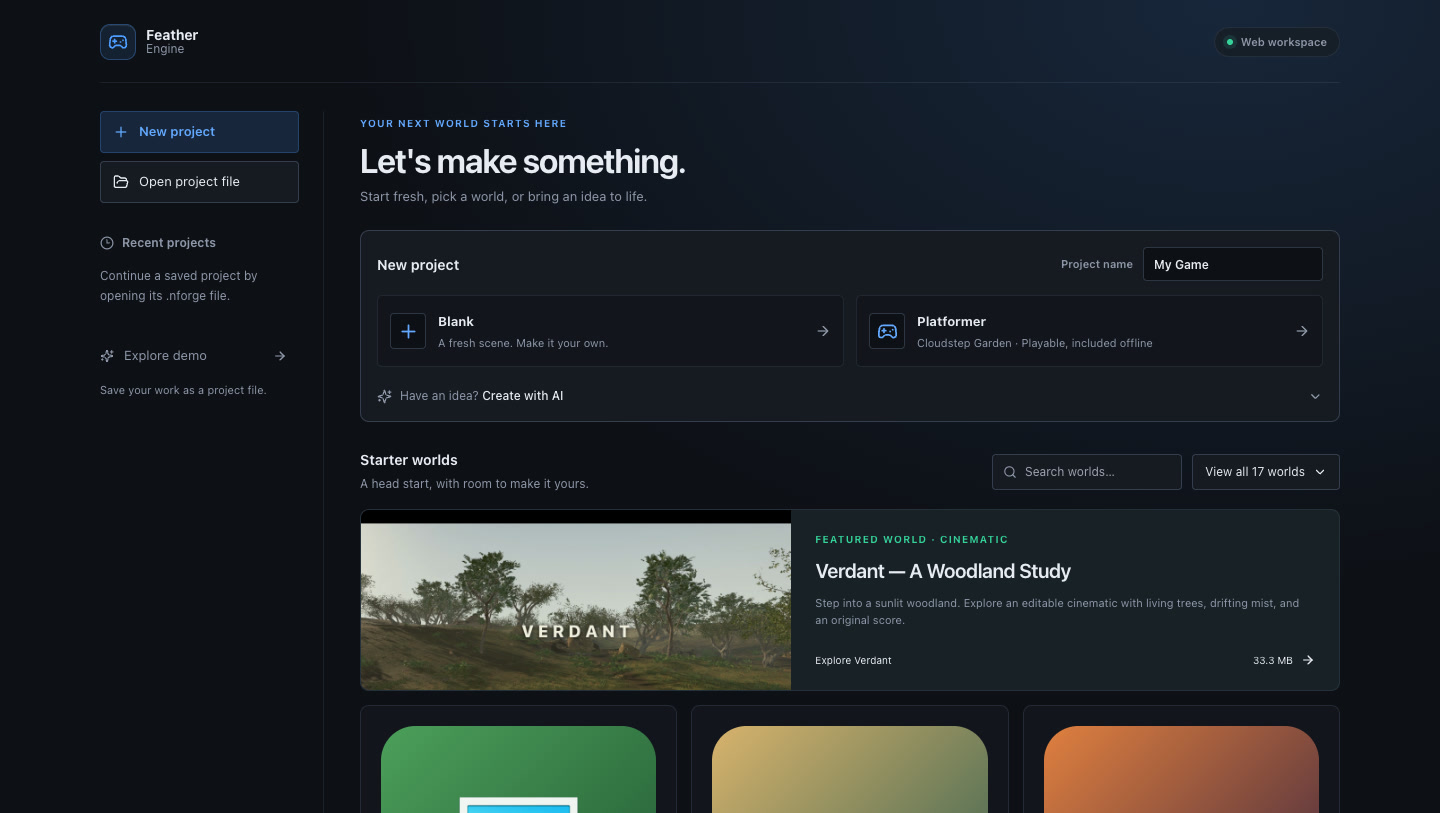 Feather Engine's updated startup screen with project actions, recent projects and a searchable starter library.