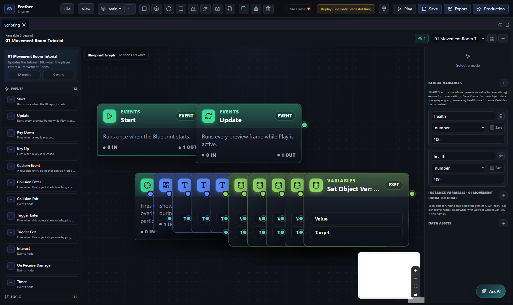 Feather Engine Blueprint editor showing typed event and variable nodes.